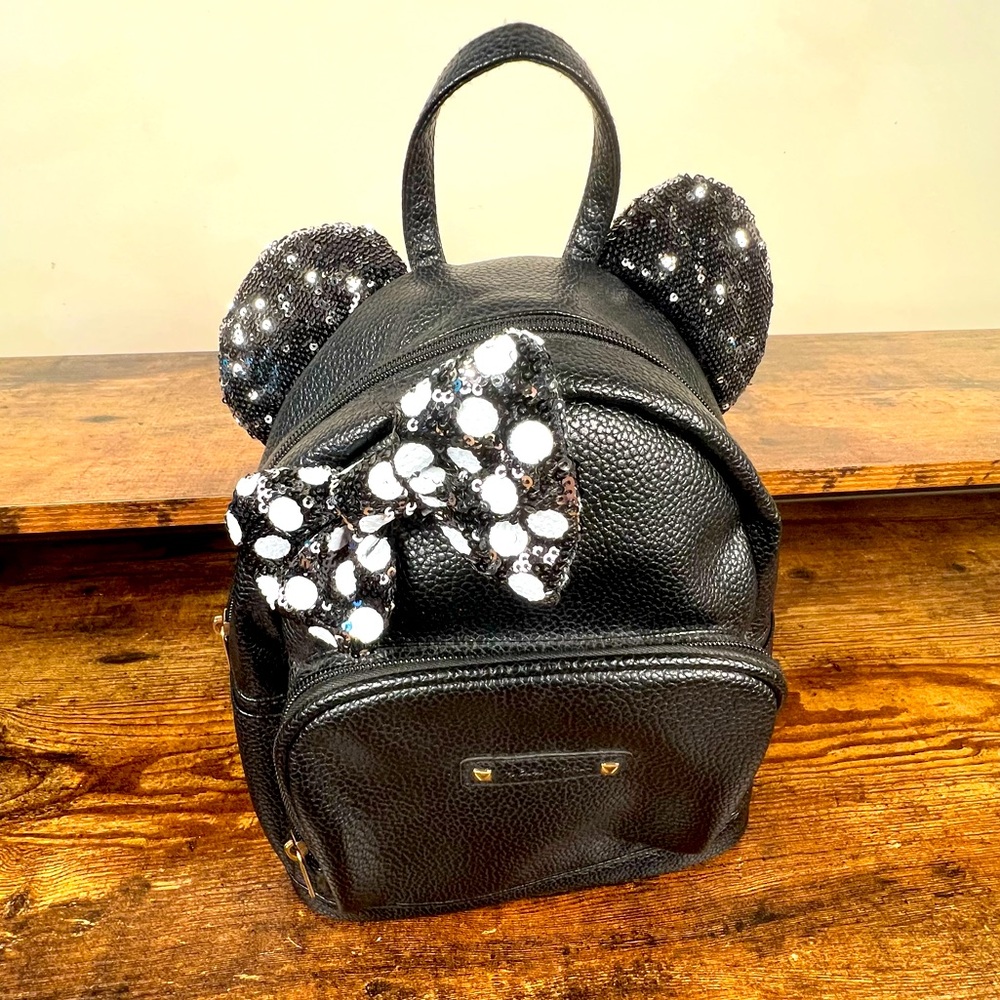 Disney Minnie Mouse backpack Purse Black Faux Leather Sequin Polka Dot Bow‎